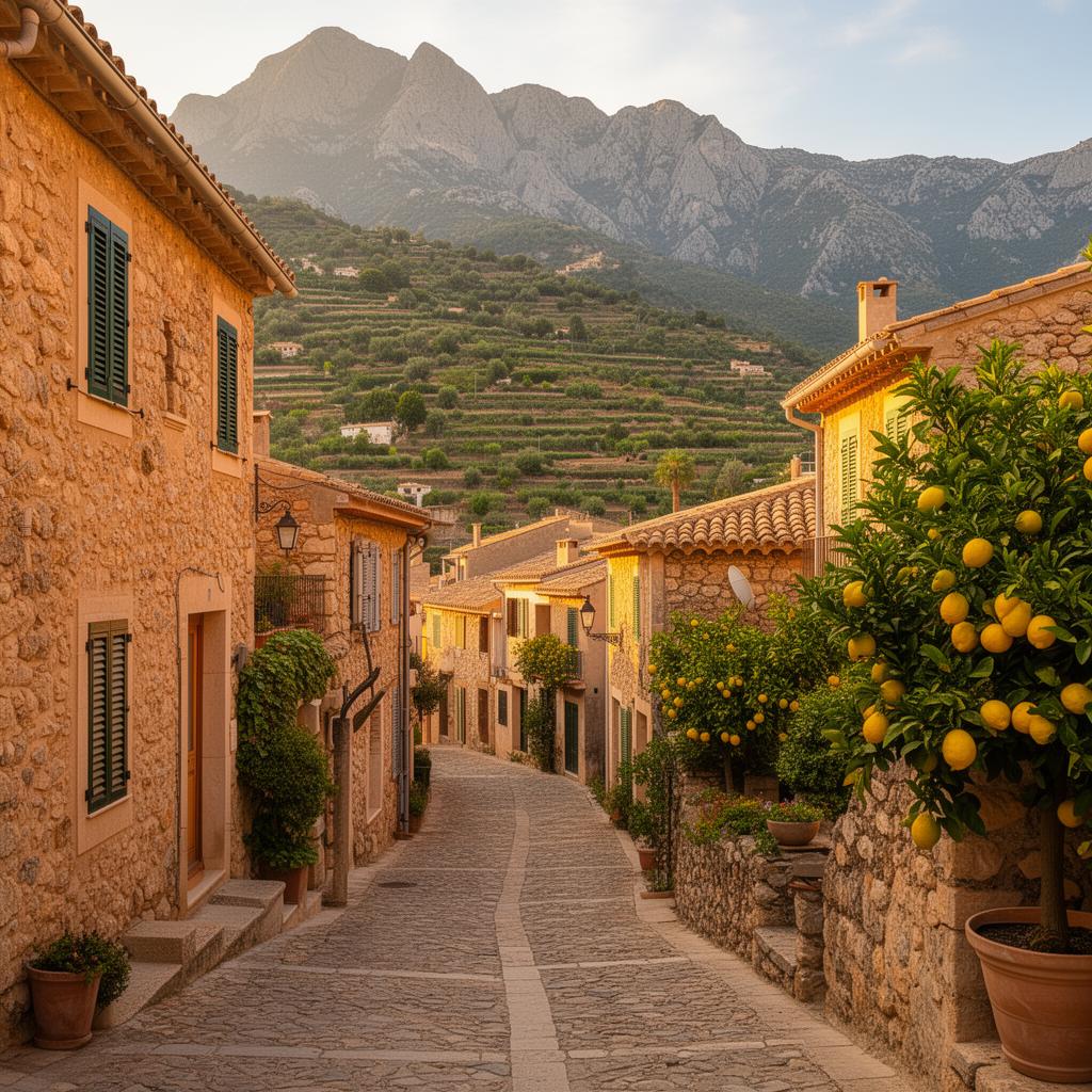 Mallorquinisches Bergdorf Fornalutx mit Natursteinhäusern und Tramuntana-Gebirge im Hintergrund
