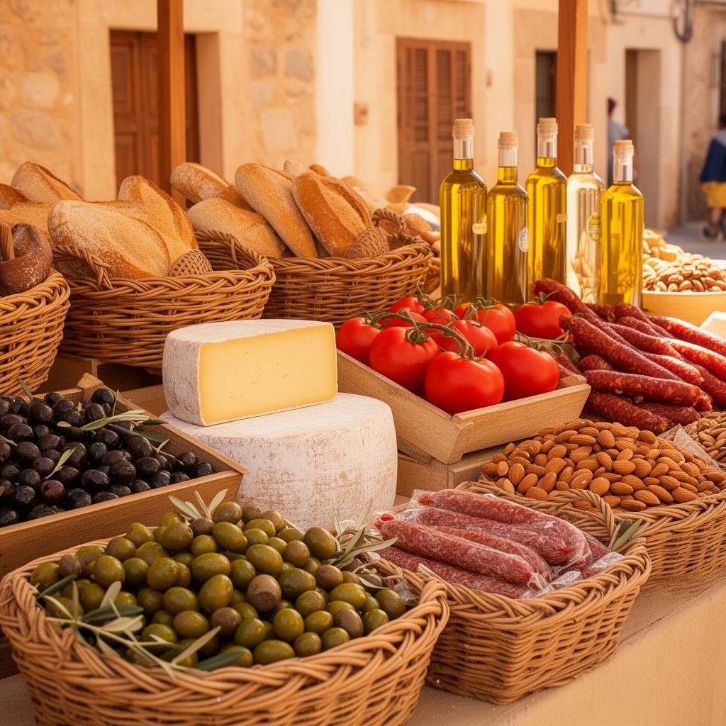 Mallorquinischer Wochenmarkt in Santanyí mit Oliven, Schafskäse, Tomaten, Mandeln, Sobrasada und Olivenöl