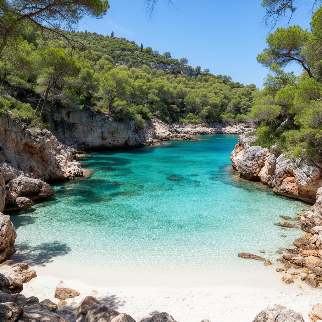 Versteckte Mallorca-Bucht mit türkisem Wasser, weißem Sand und Pinien – einer der schönsten Geheimtipp-Strände der Insel